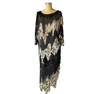 1980 Oleg Cassini Asymmetrical Cocktail Dress Black and Silver Sequins Size 10